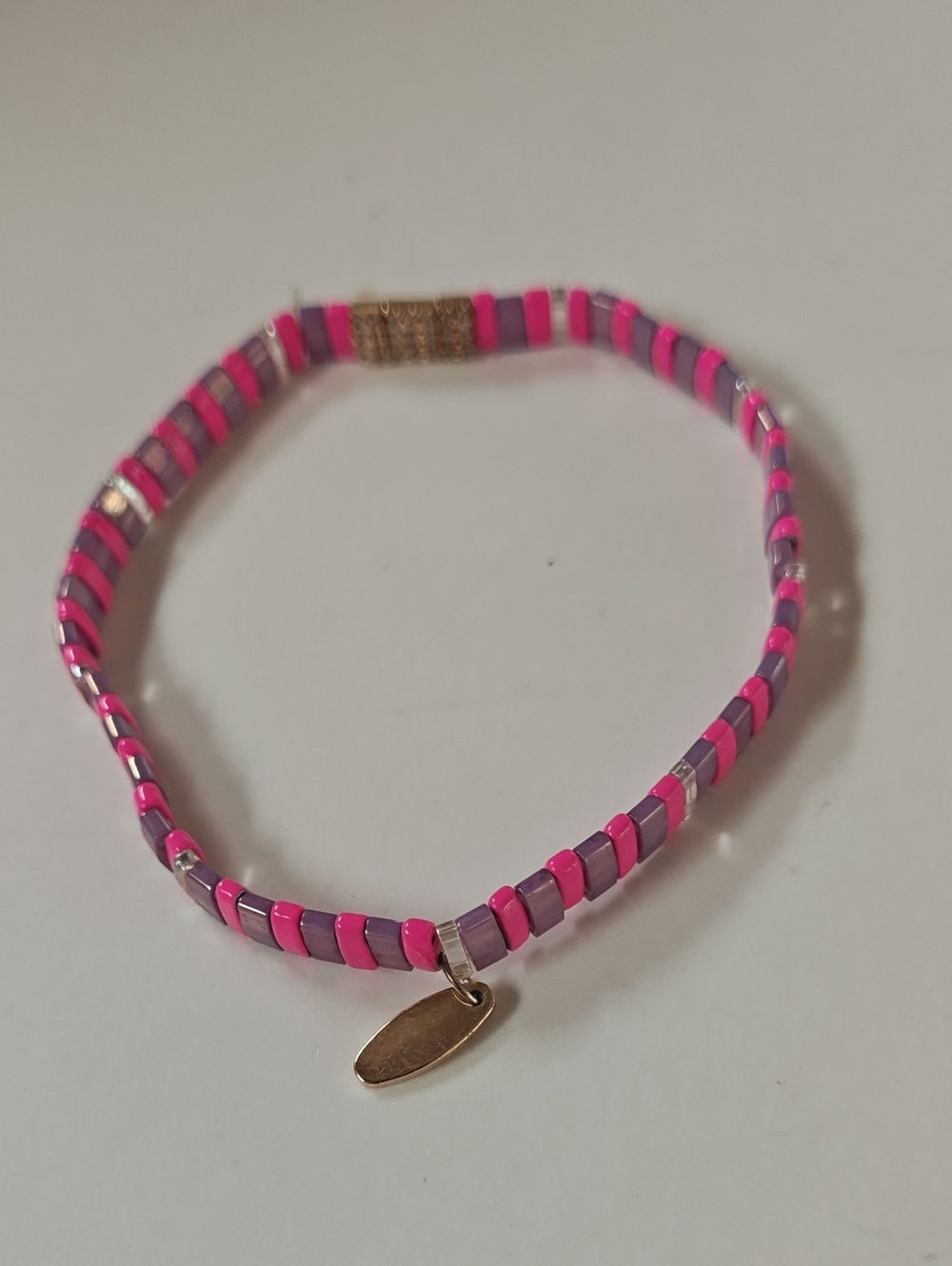 Anthropologie Pink Beaded Stretch Bracelet with Gold Accent
